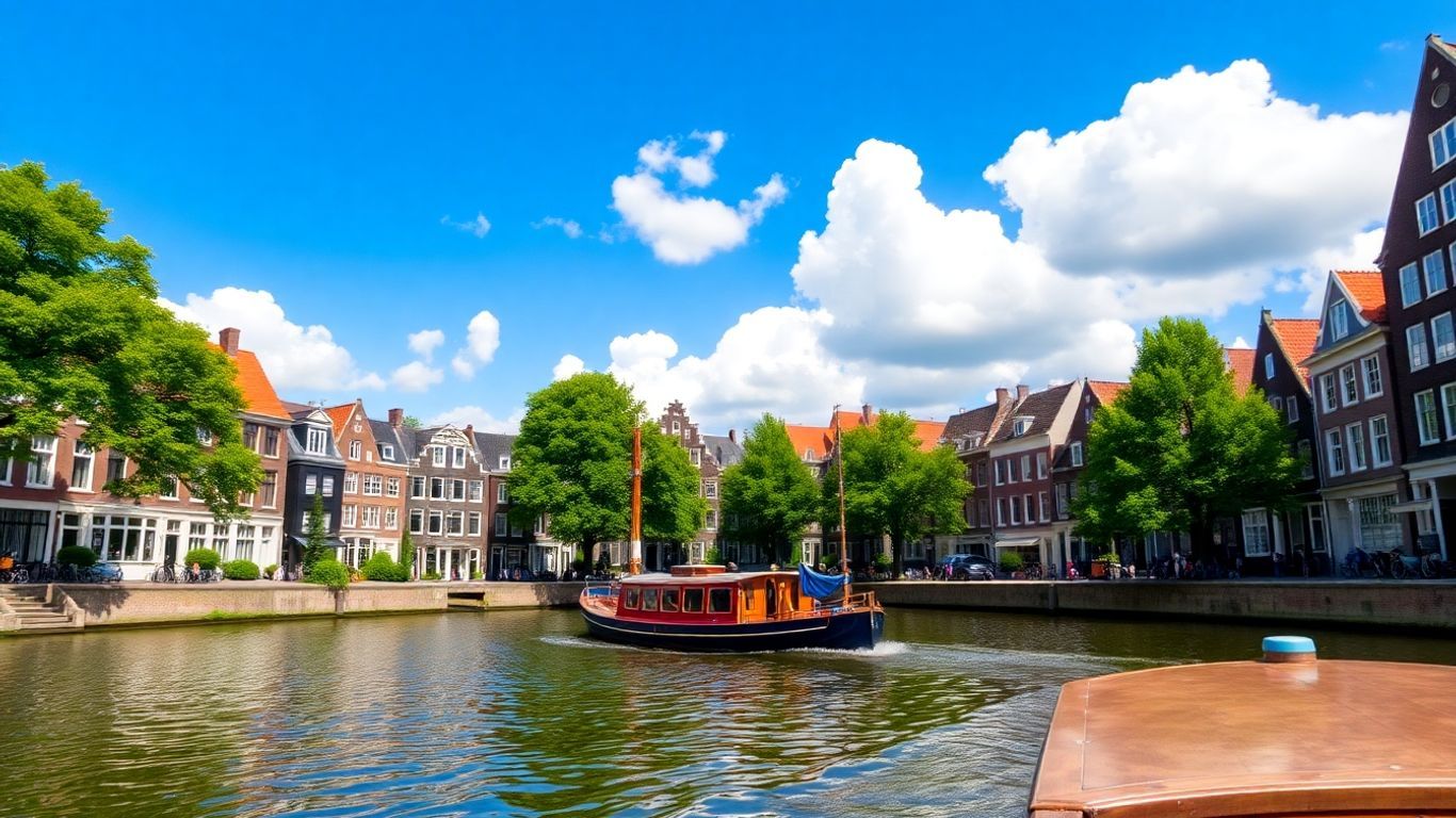 Amsterdam canal with historic houses and a boat.