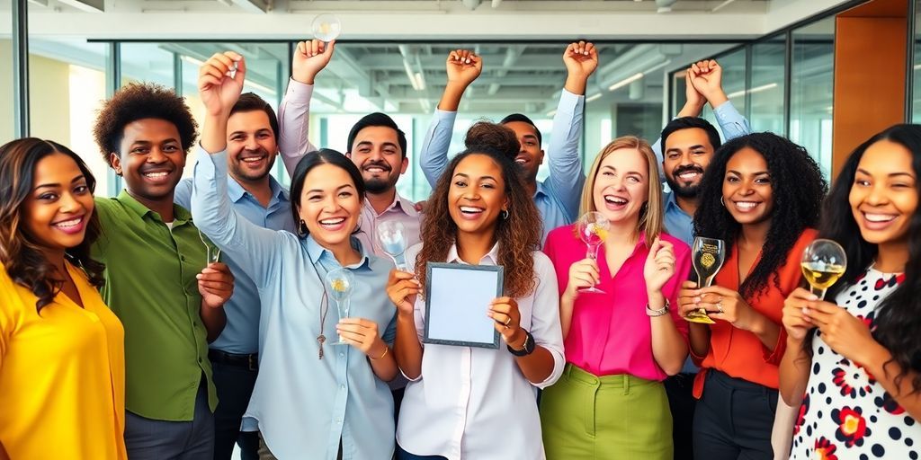 Diverse professionals celebrating with awards in a modern office.