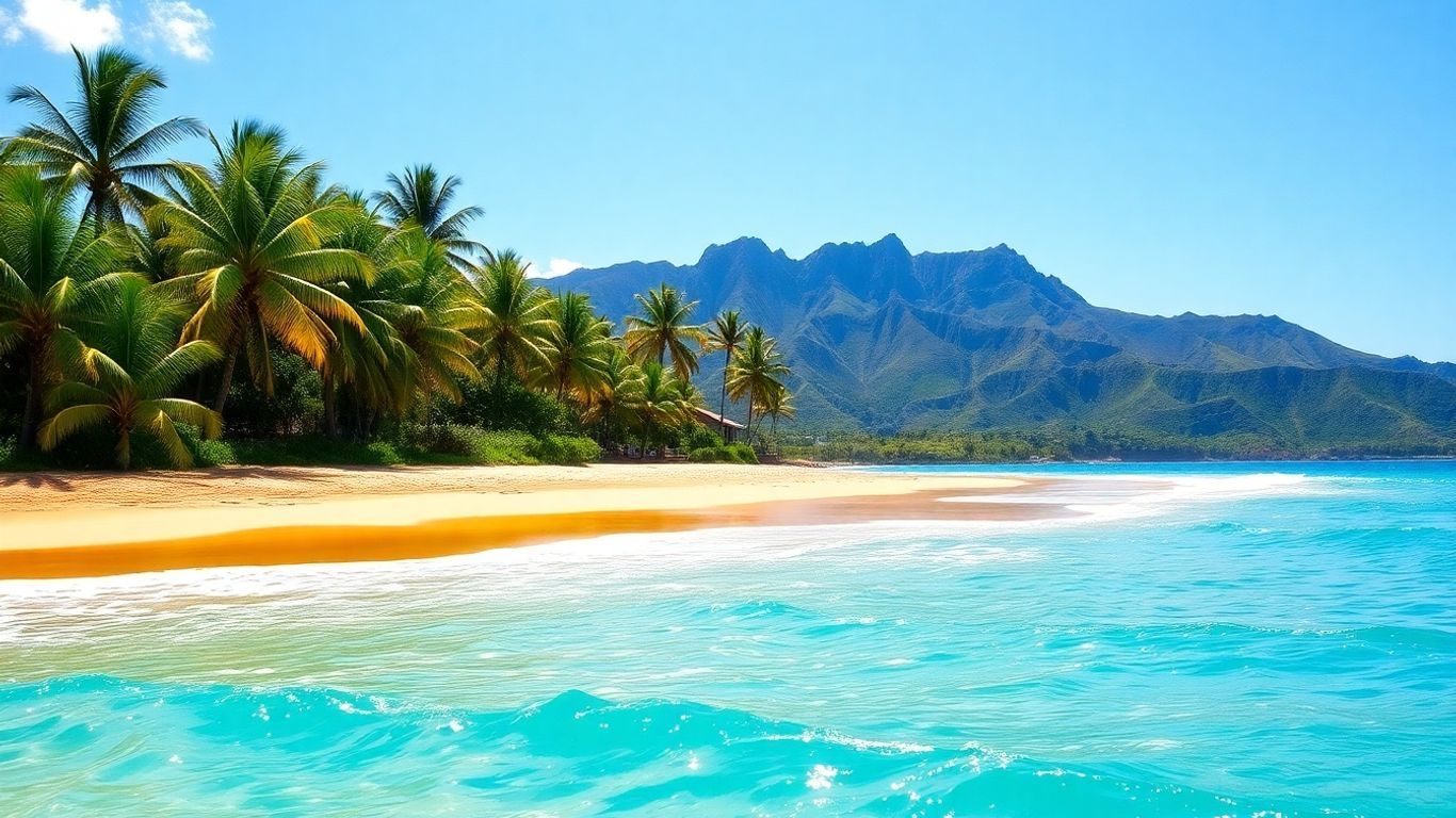 Honolulu beach with palm trees and ocean waves.