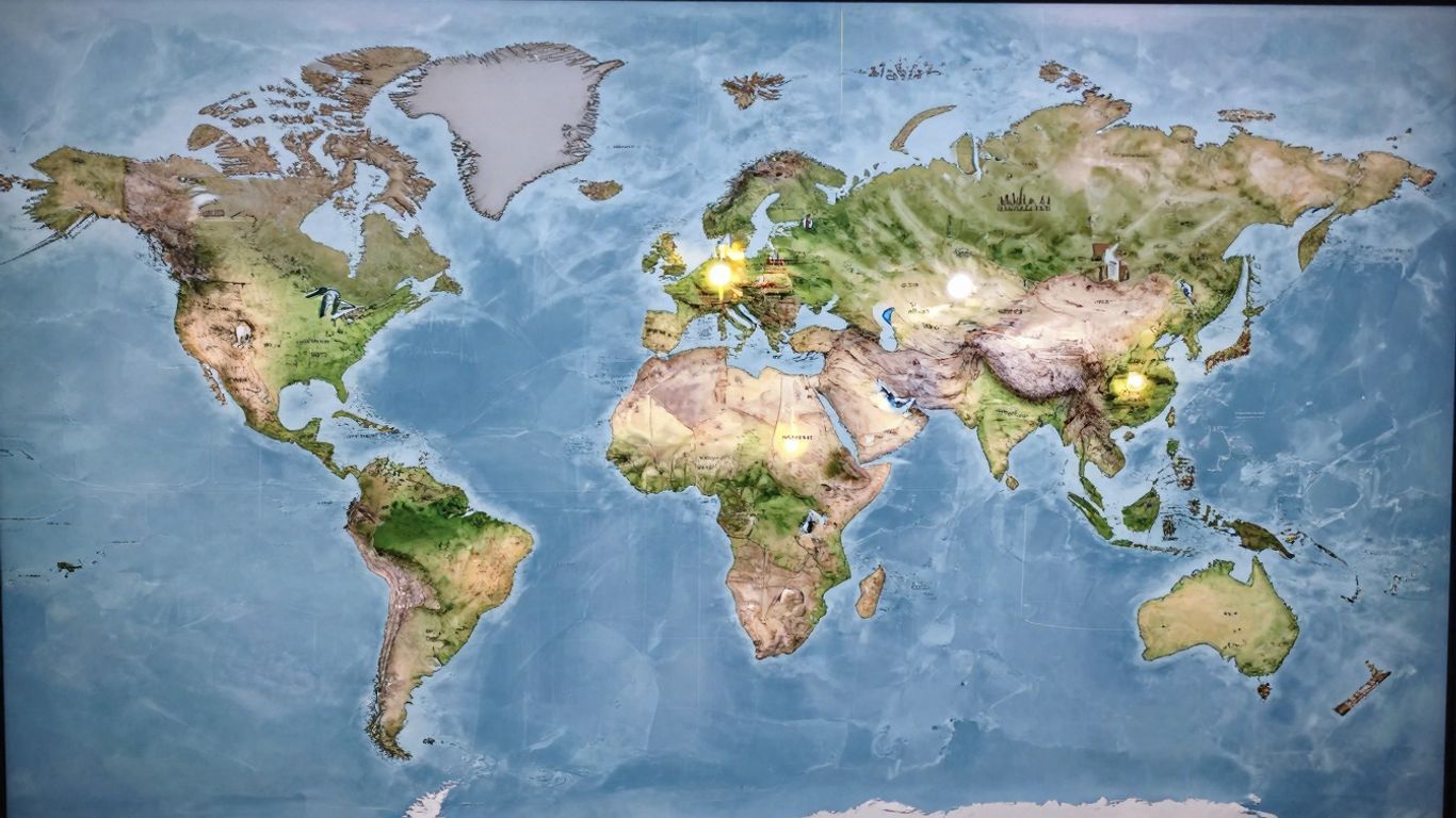 Interactive world map with cities and landmarks.
