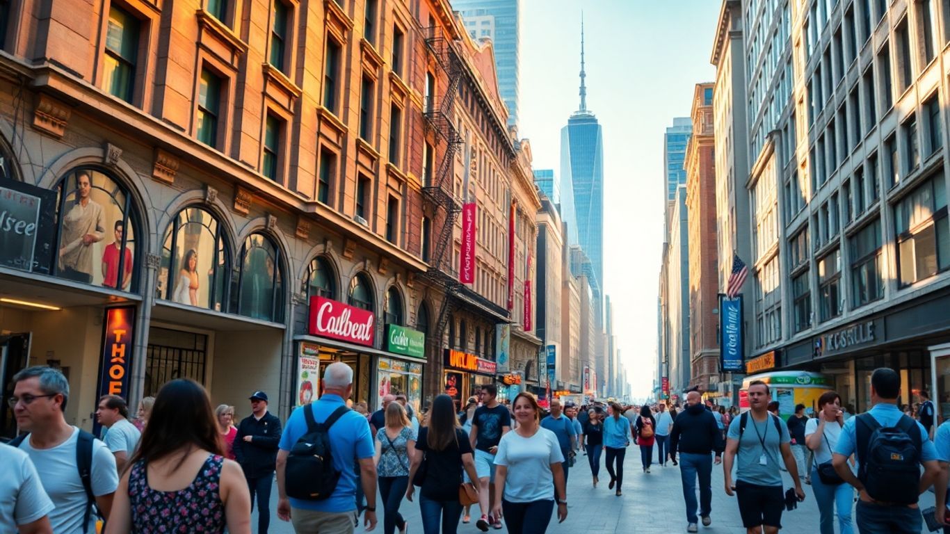 City street with landmarks and people