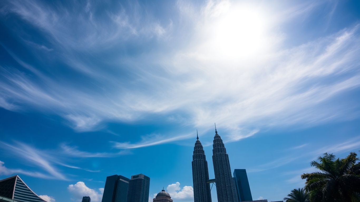 Kuala Lumpur skyline with clouds and sun.
