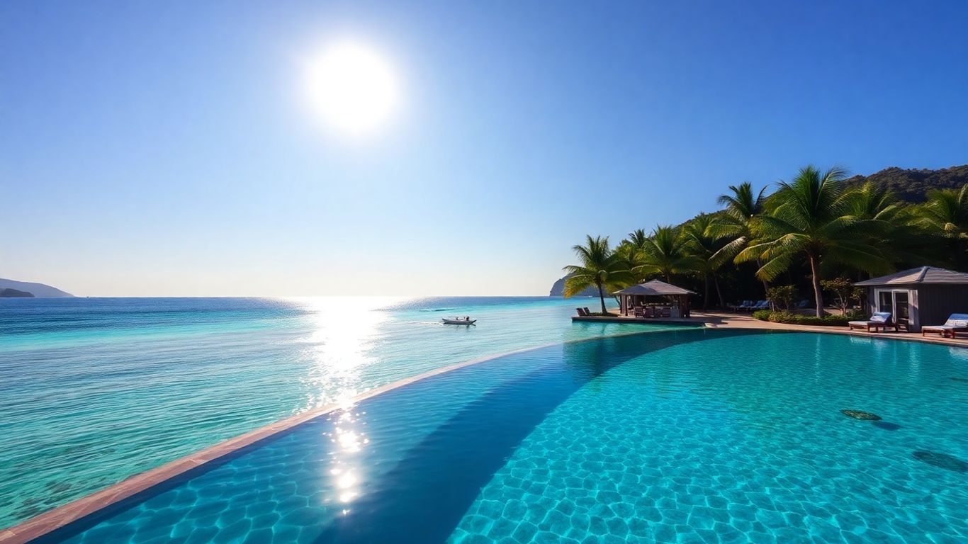 Langkawi resort with beach, palm trees, and infinity pool.
