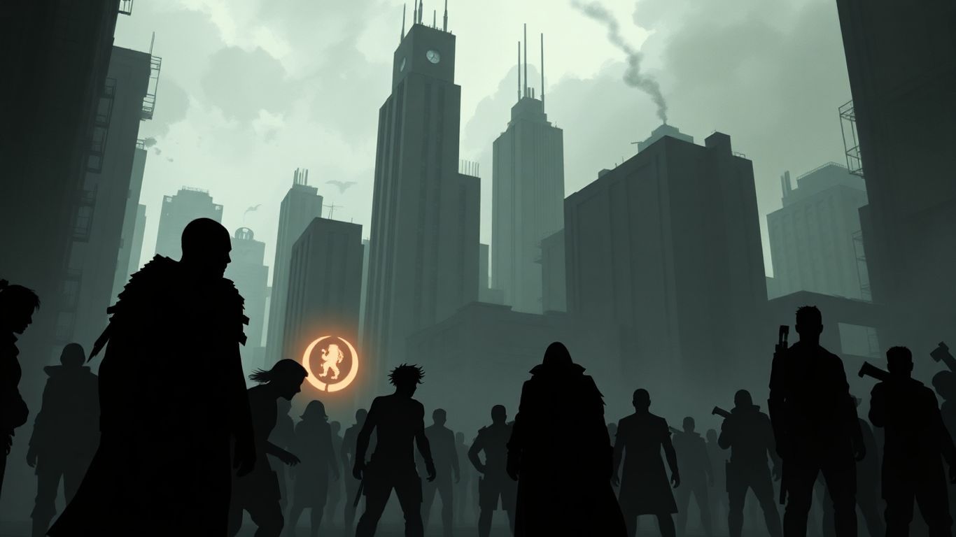 Urban landscape with character silhouettes and glowing faction symbols.