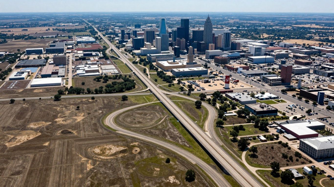 Texas map with cities and highways, aerial view.