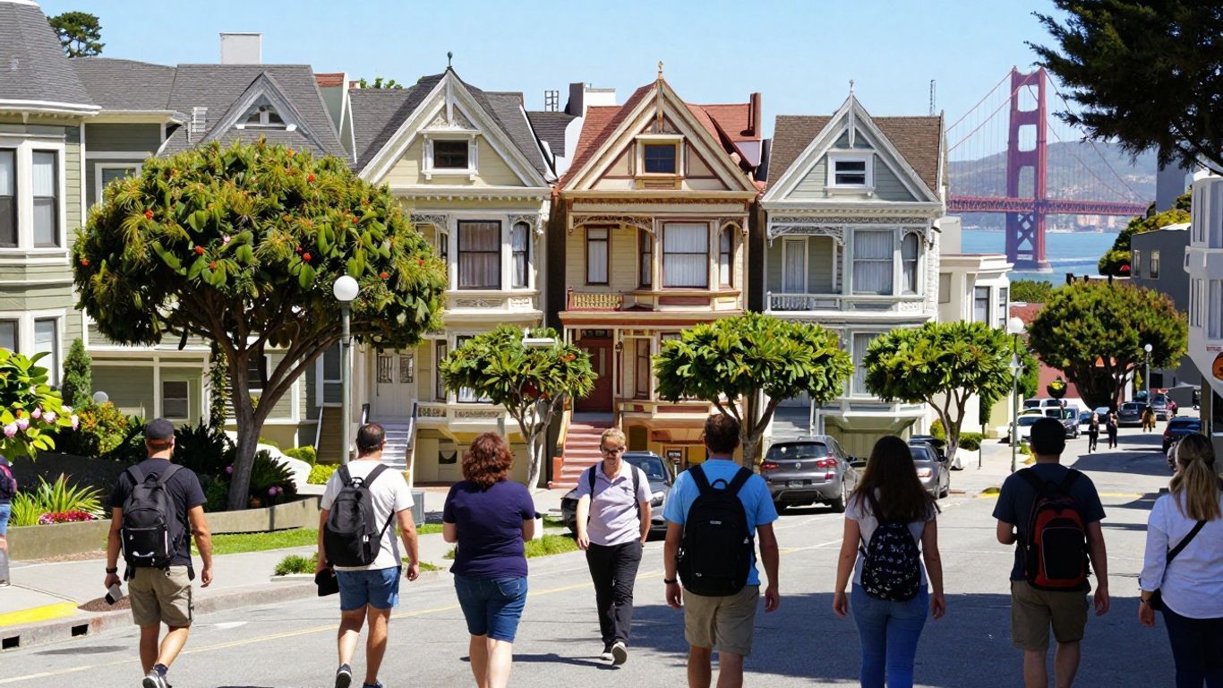 Tourists walking on a charming San Francisco street.