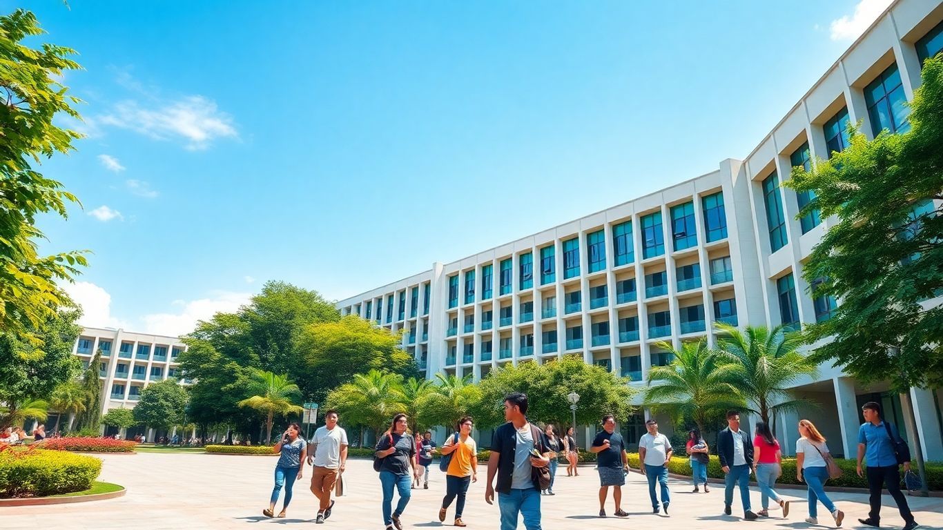 Malaysian university campus with students and modern buildings.
