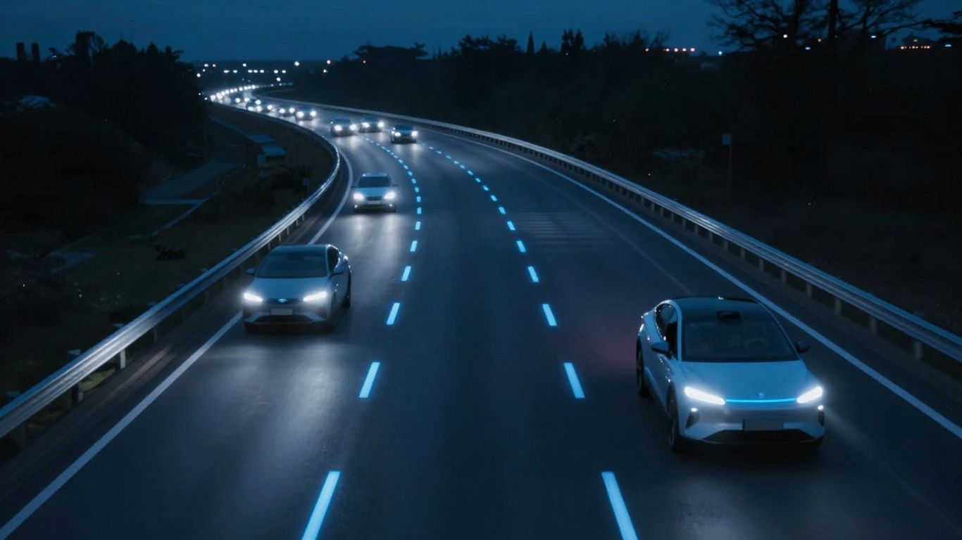 Futuristic smart highway with glowing embedded lane lights.