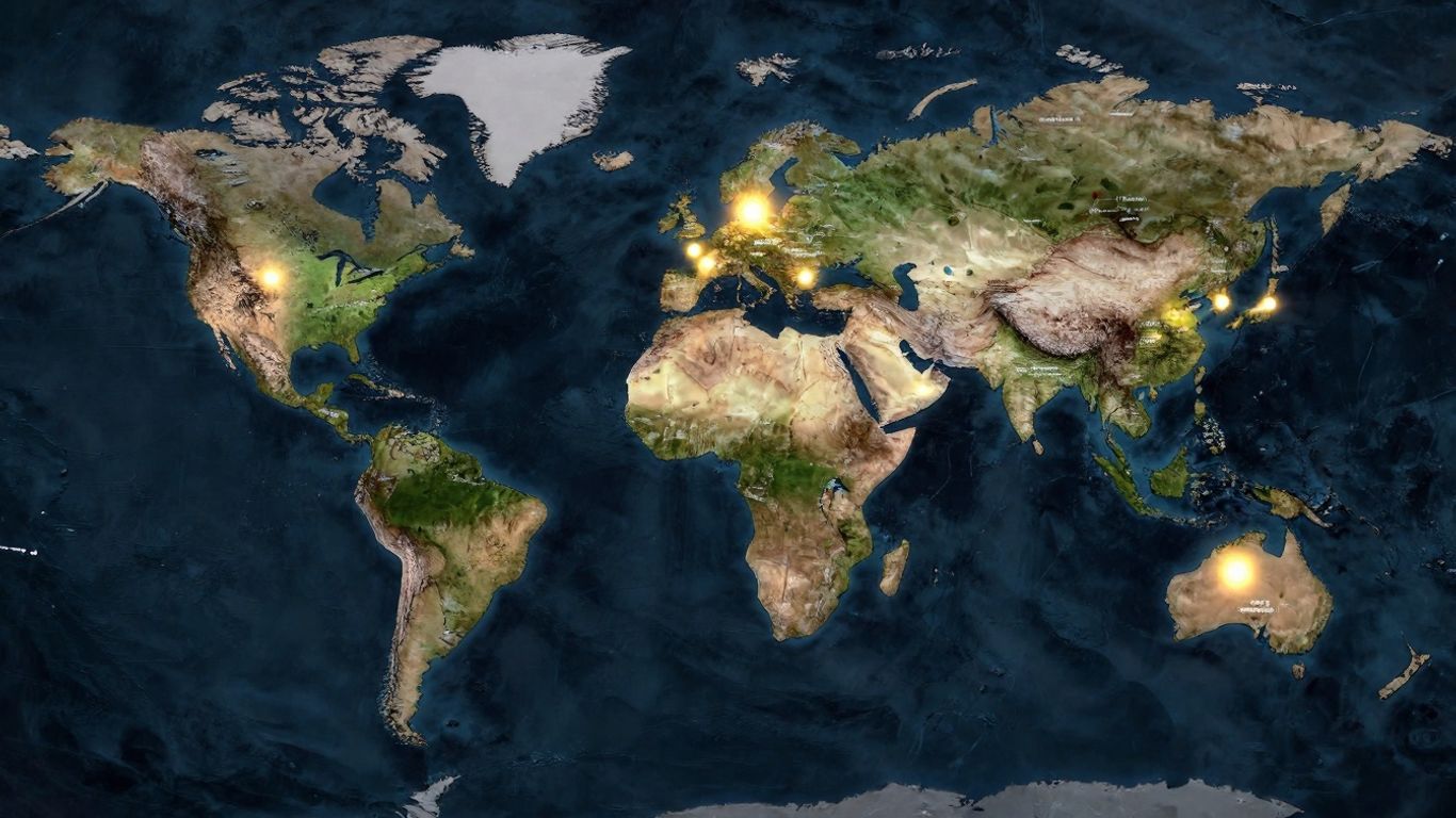 Interactive world map with cities and landmarks.