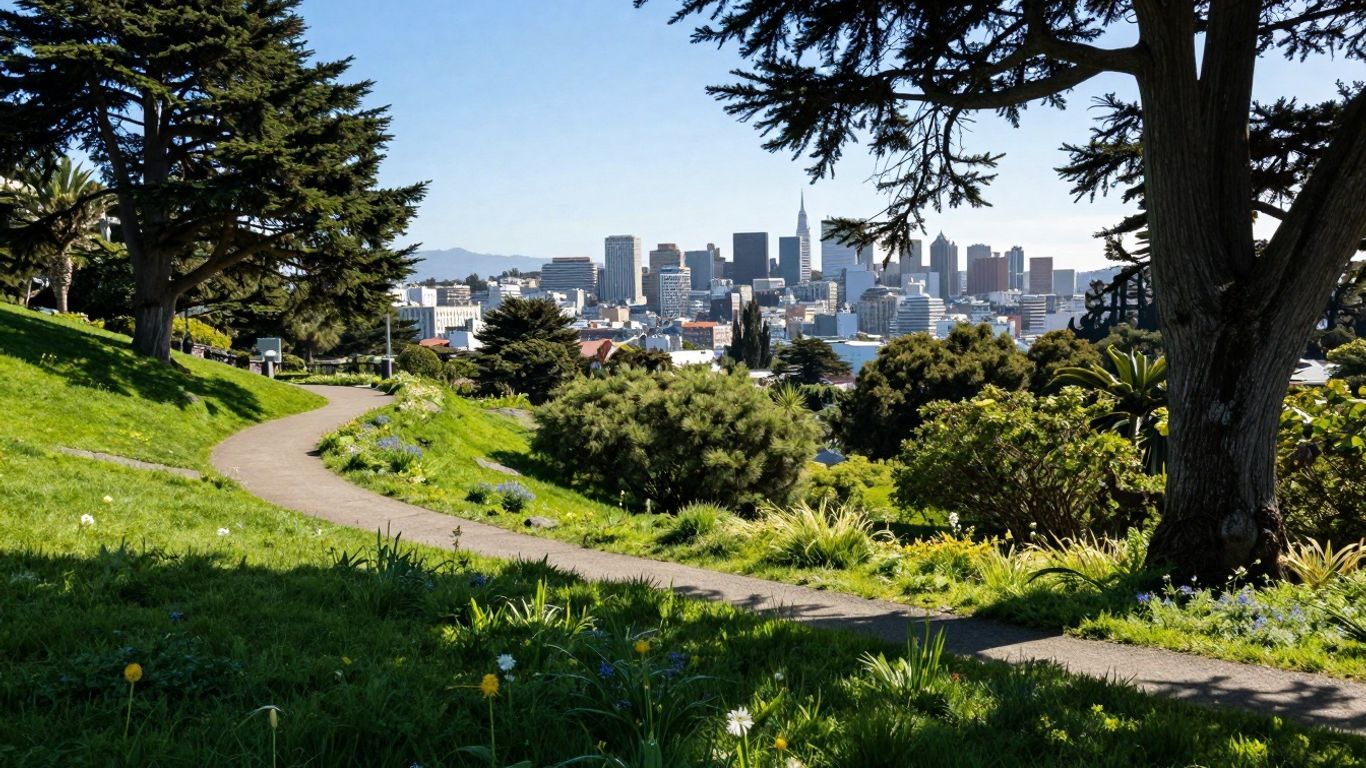 Scenic park path with trees and distant city views.
