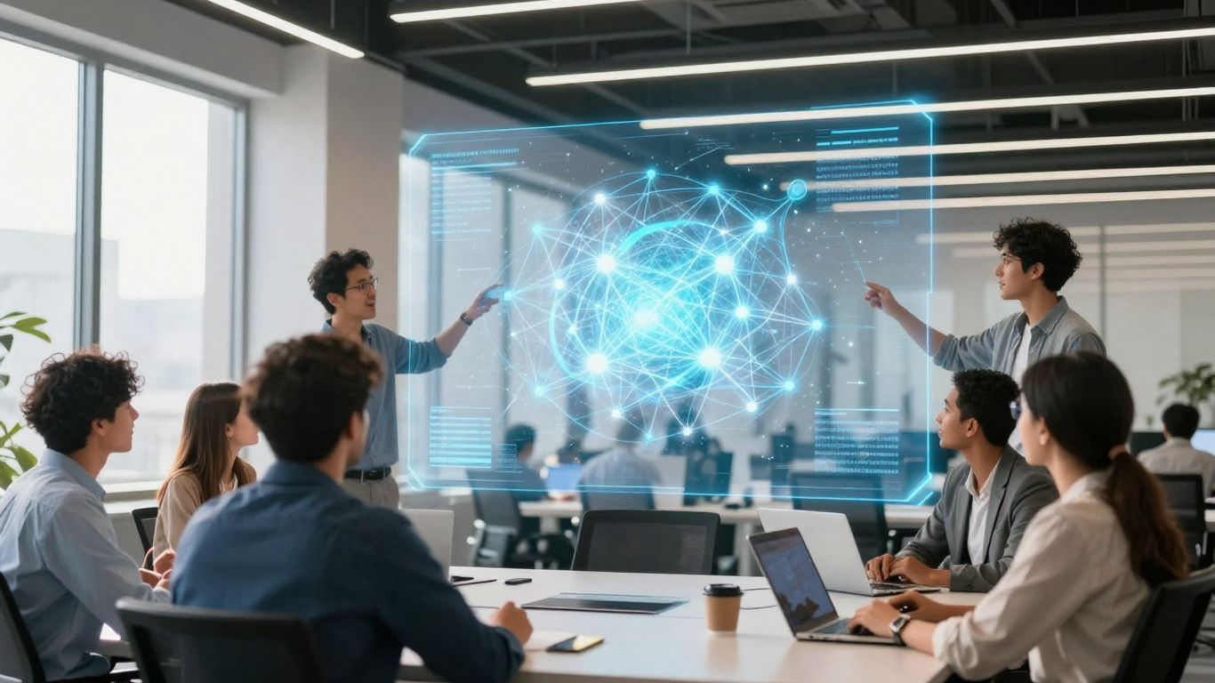 Team collaborating on AI technology display