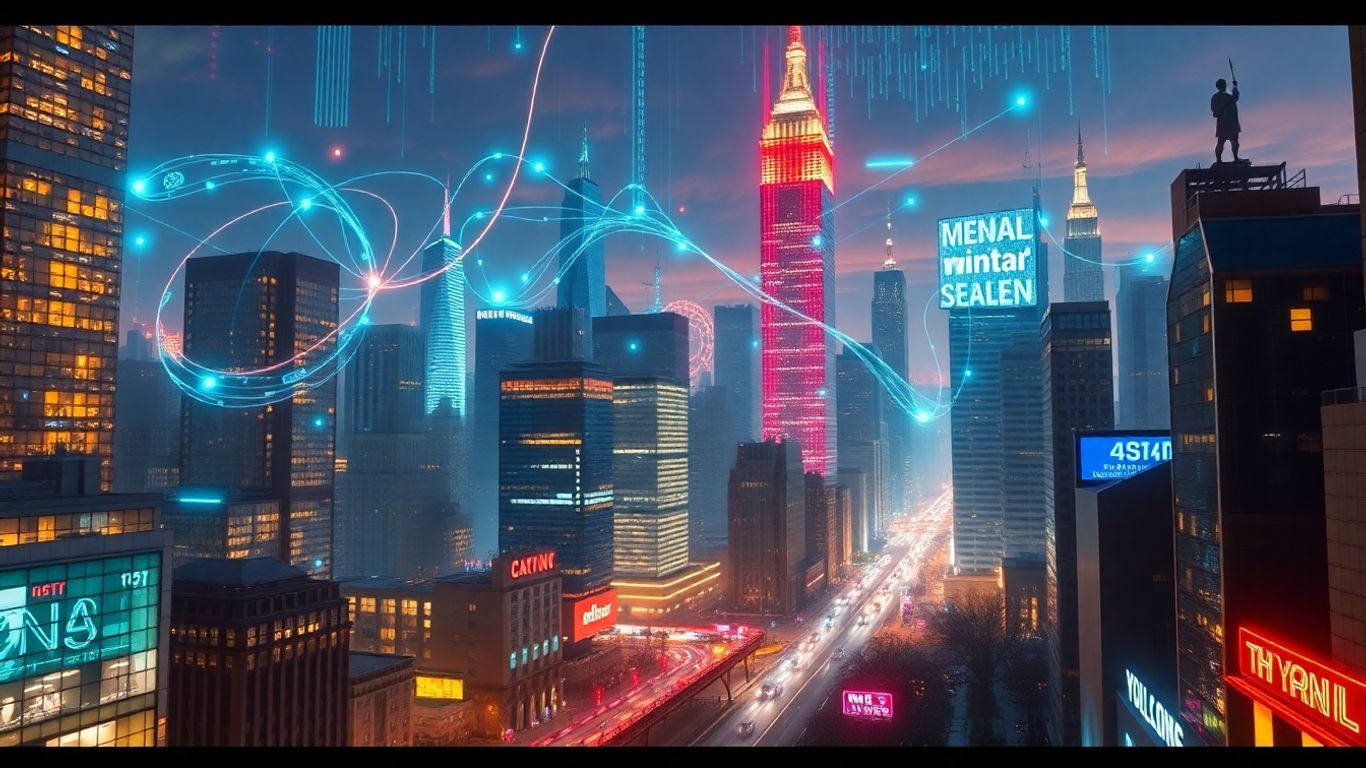 New York City skyline with digital data streams and futuristic elements.