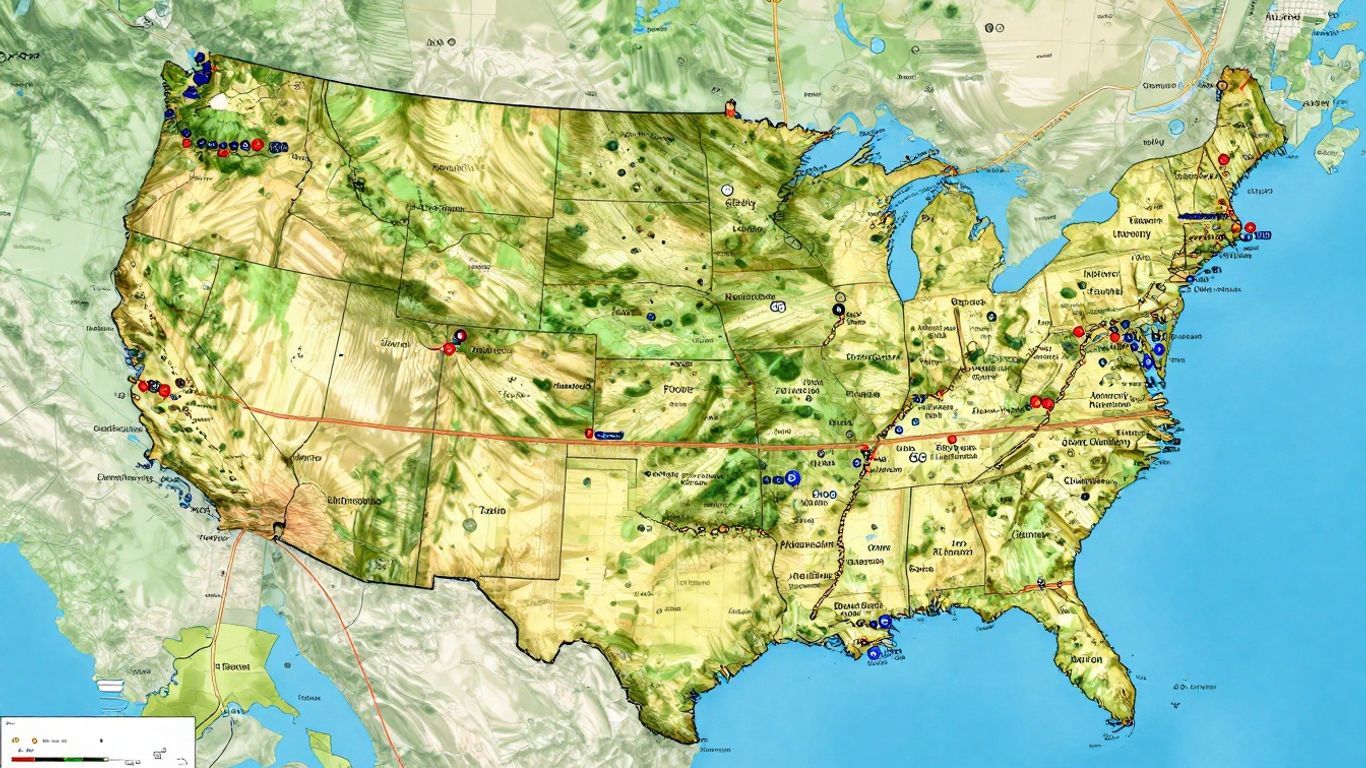 Map of US cities with connecting roads.