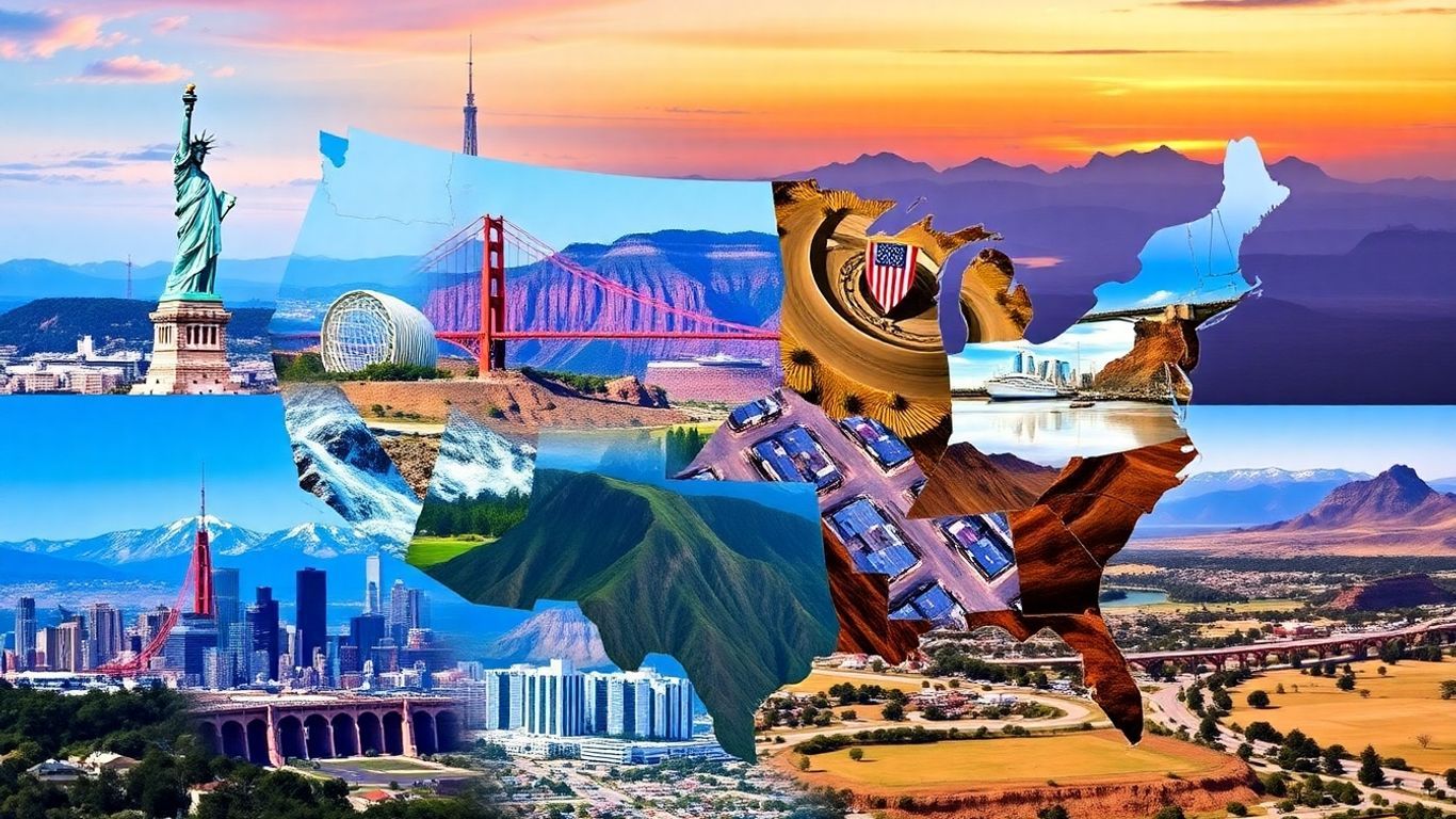 Iconic US landmarks, diverse landscapes, and city skylines.