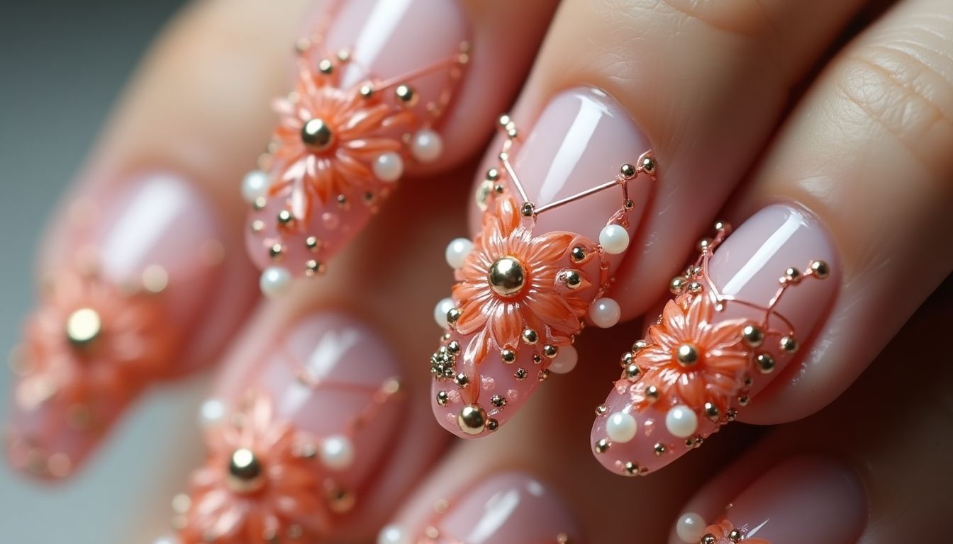 Close-up of artistic 3D sculptural nail designs.