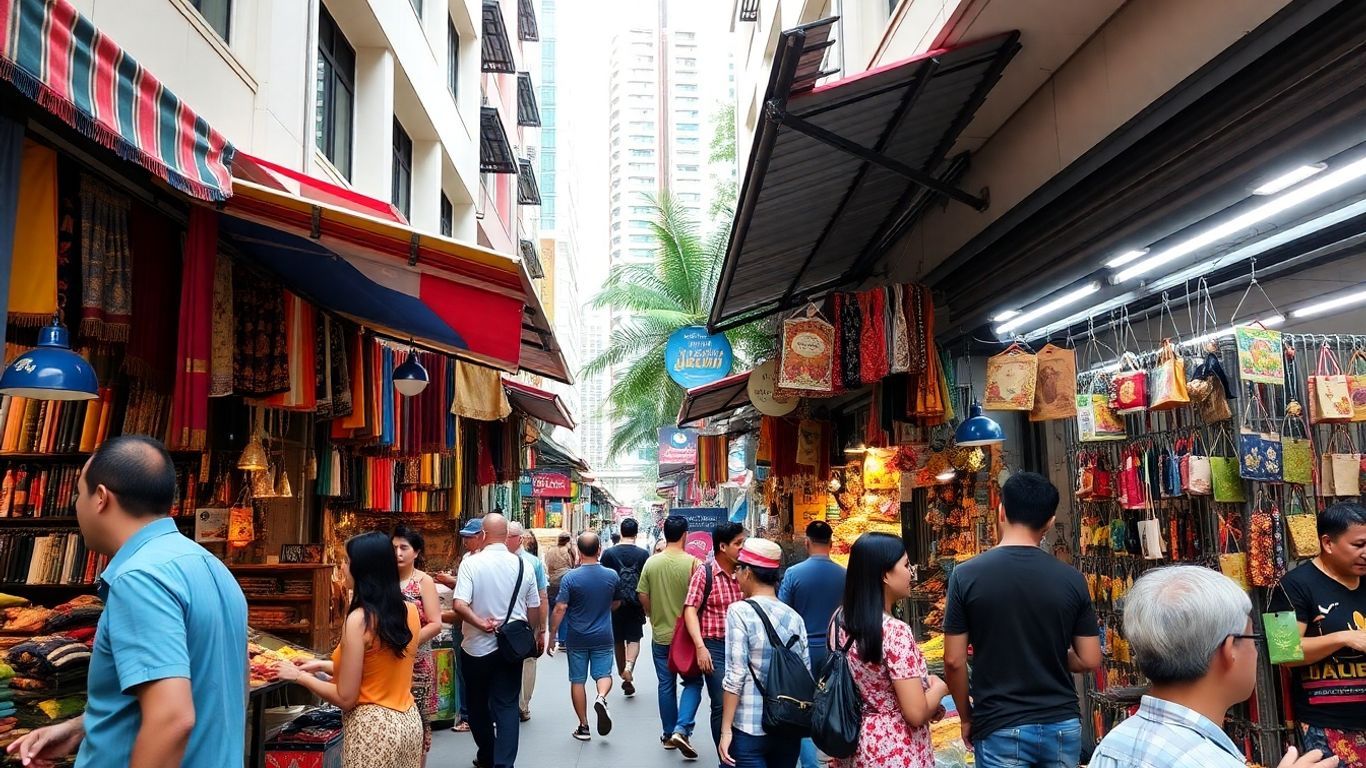 Kuala Lumpur market stalls with colorful goods.