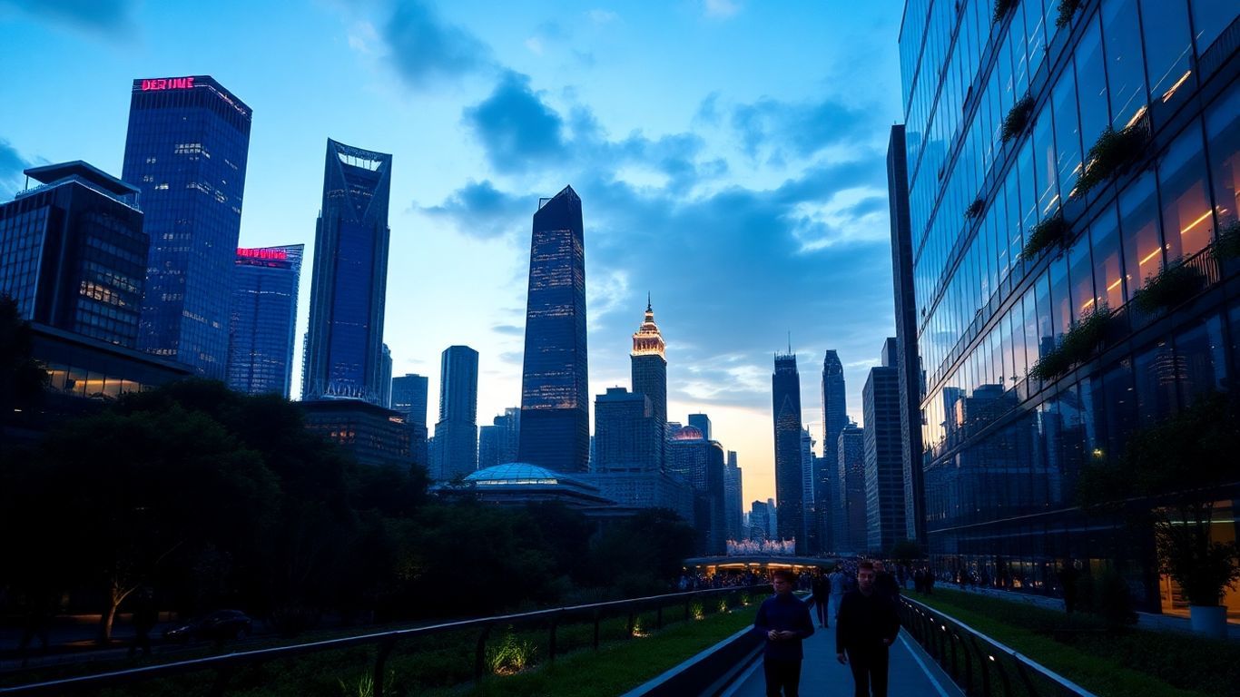 Sustainable city skyline with green spaces and glowing lights.
