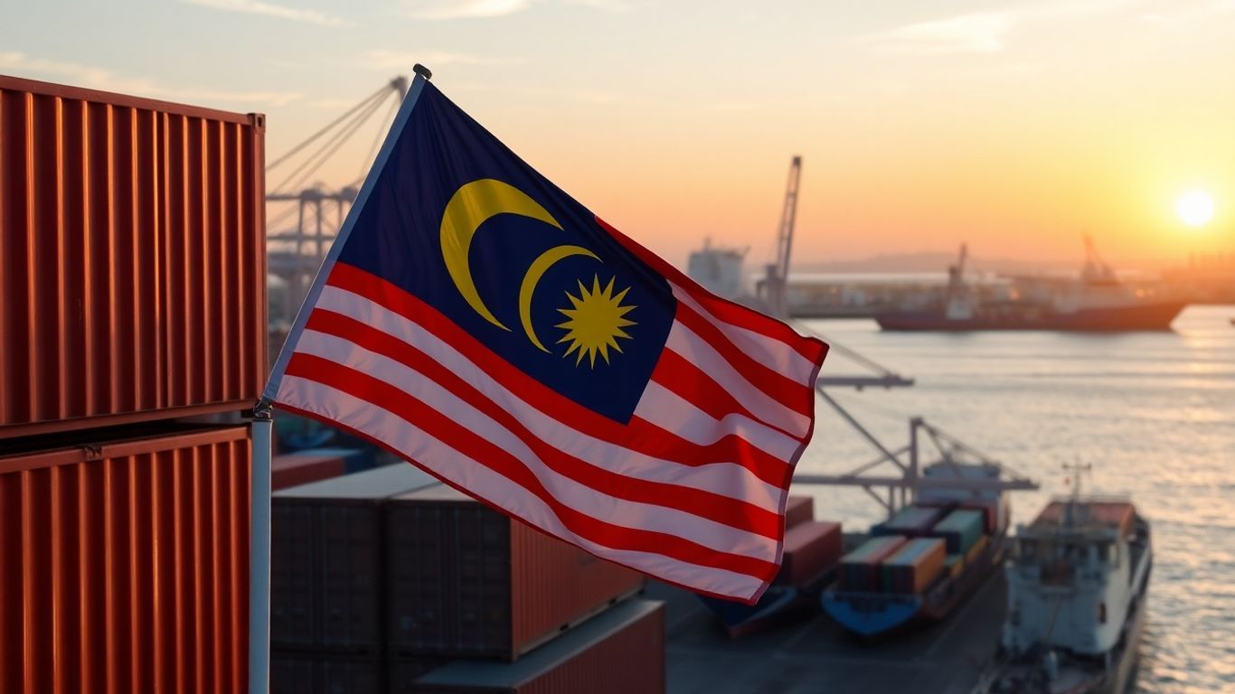 Malaysian flag and shipping containers at a port.