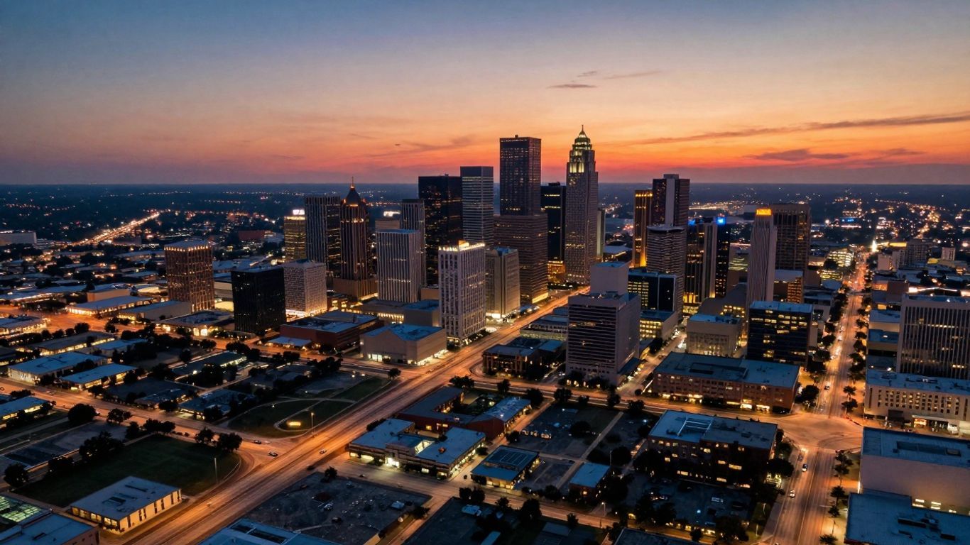 Aerial view of major Texas cities at sunset.