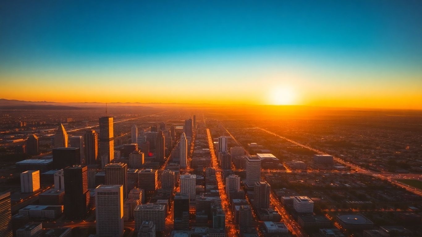 Aerial view of a California city skyline at sunset.