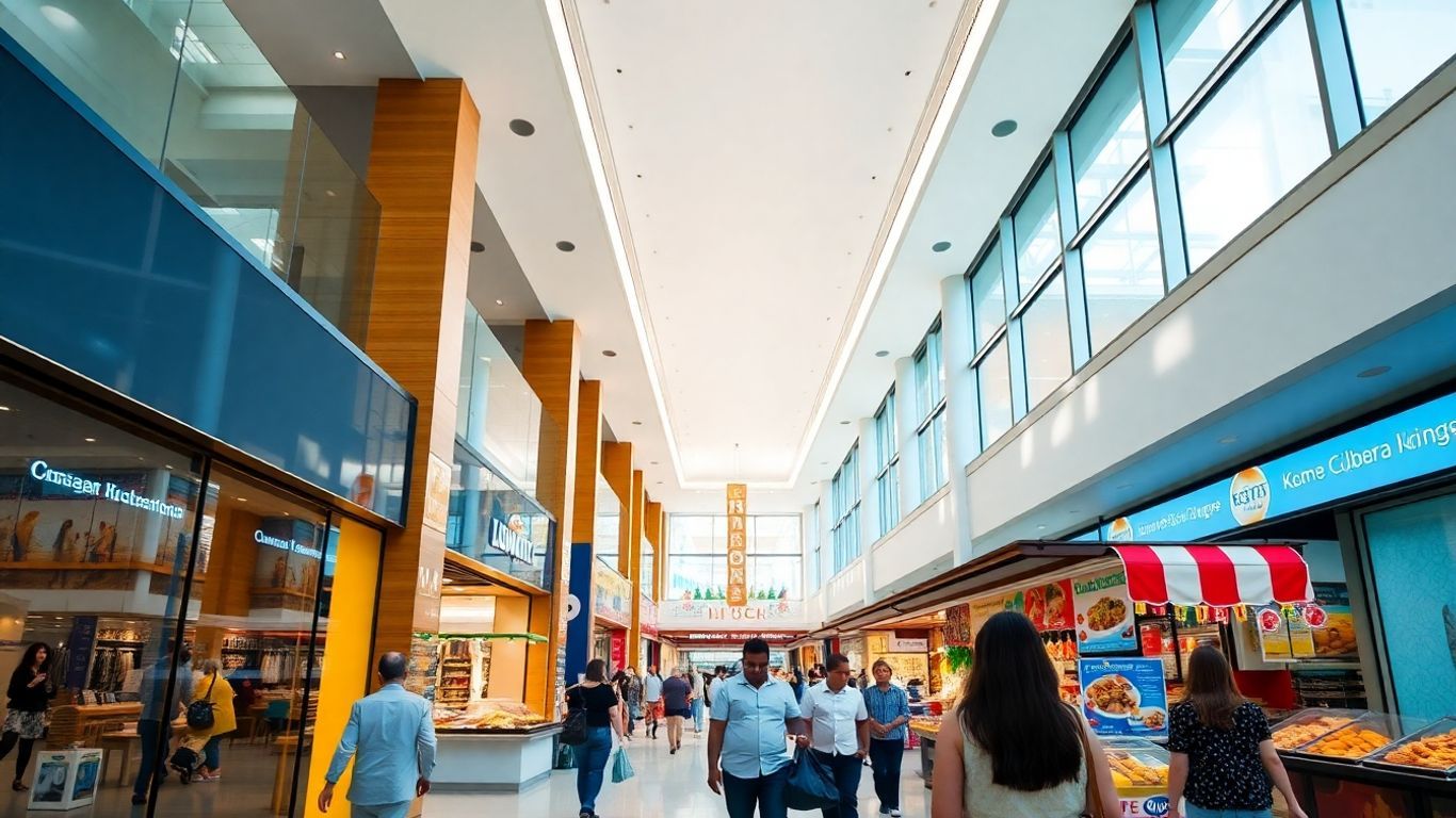 Kuala Lumpur shopping mall interior with food stalls and shoppers.