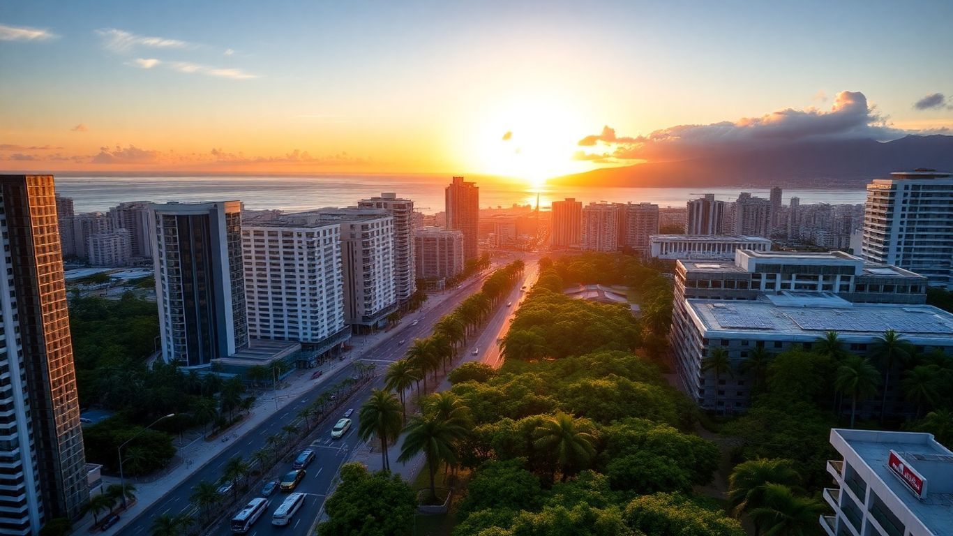 Modern Honolulu skyline with smart city features at sunset