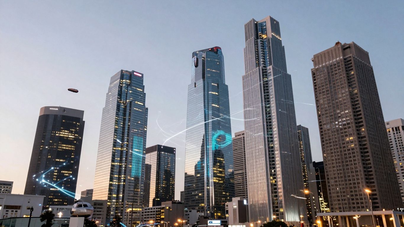 Futuristic Los Angeles cityscape with digital connections.