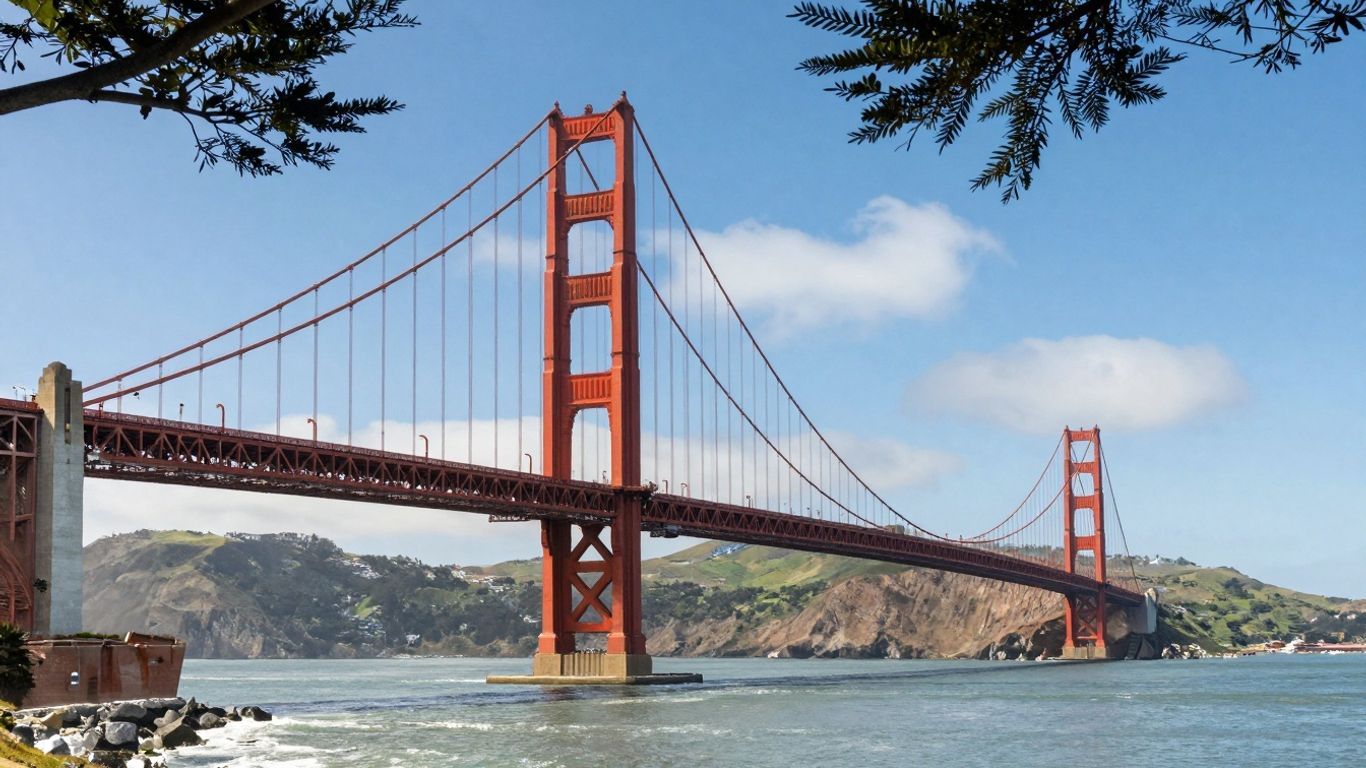 Golden Gate Bridge with green hills and blue sky.