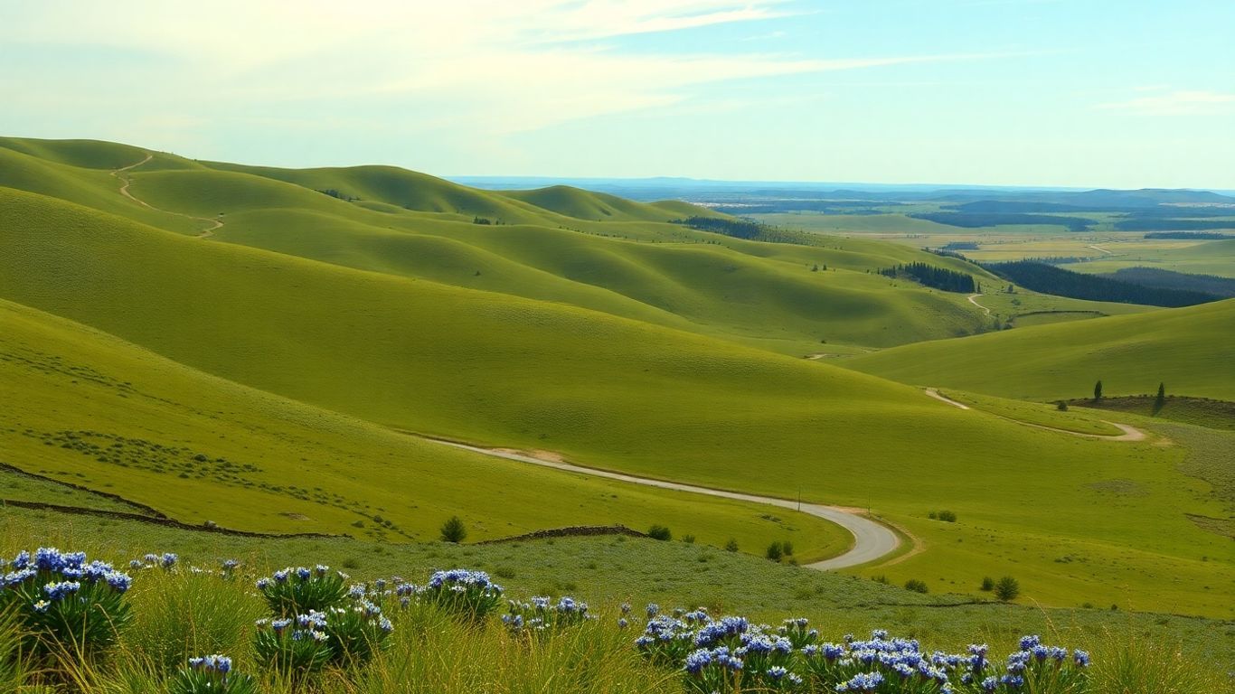 Scenic Texas Hill Country landscape with rolling hills and wildflowers.