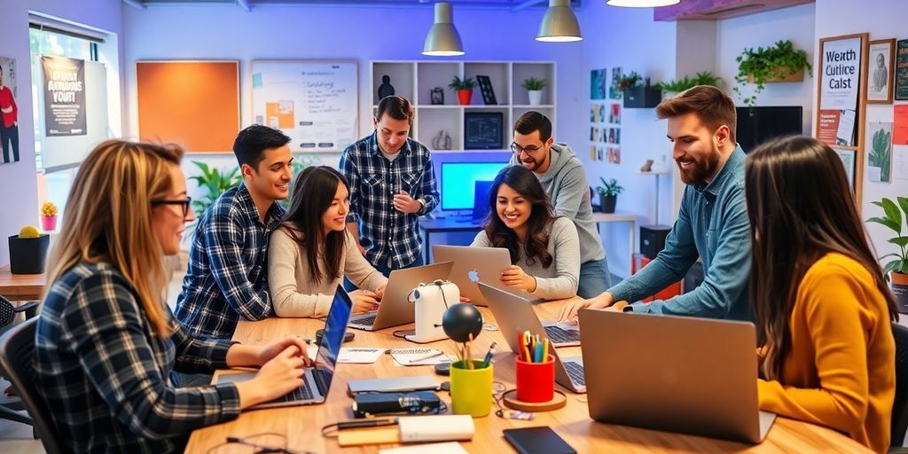 Group of entrepreneurs collaborating in a modern workspace.