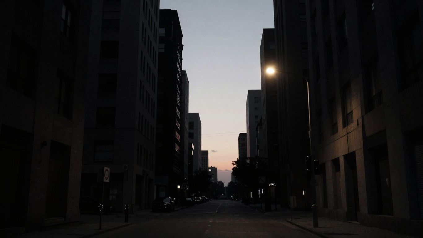 Dimly lit urban street with looming buildings at dusk.