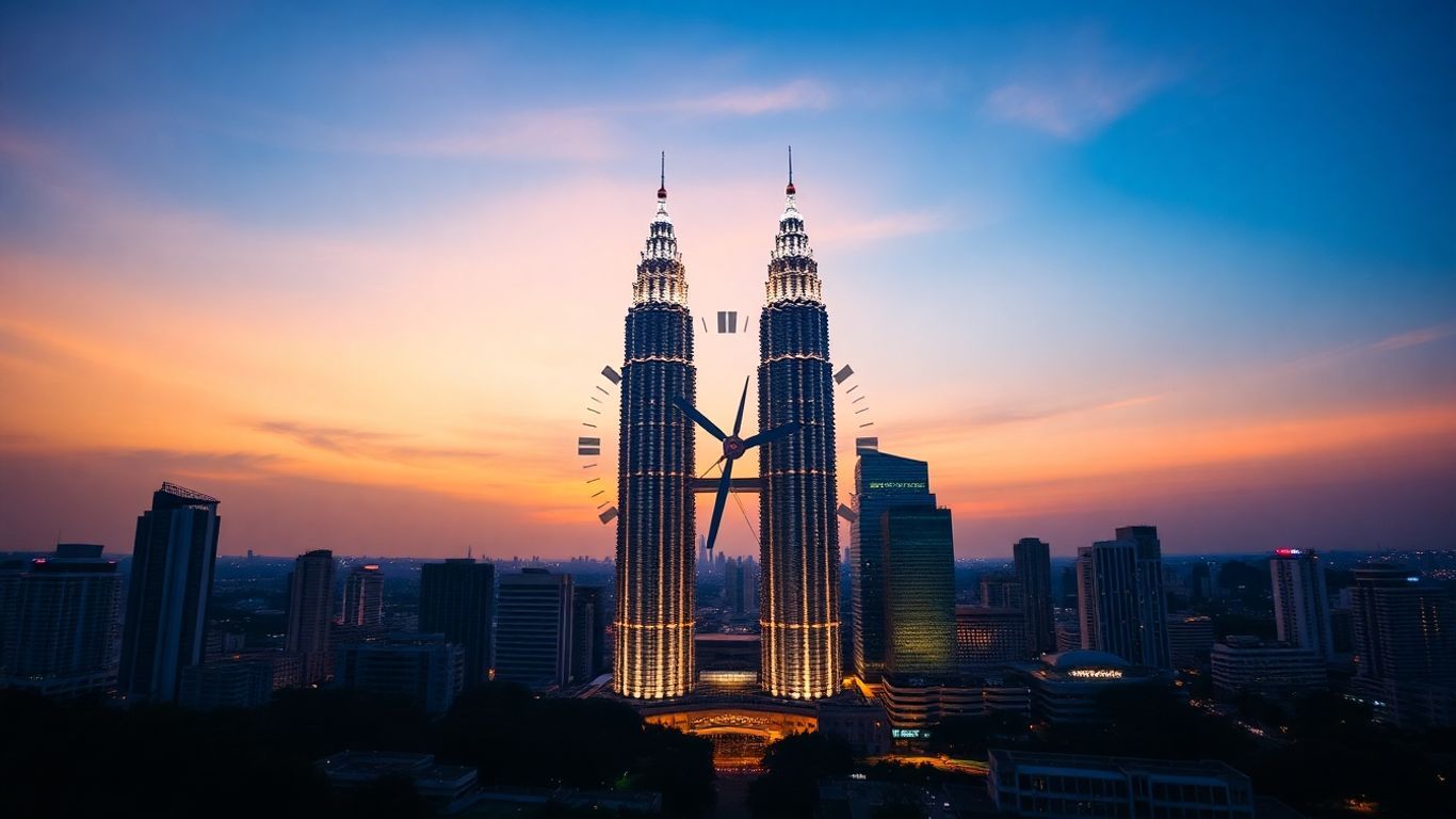 Petronas Twin Towers at dusk with a clock overlay.