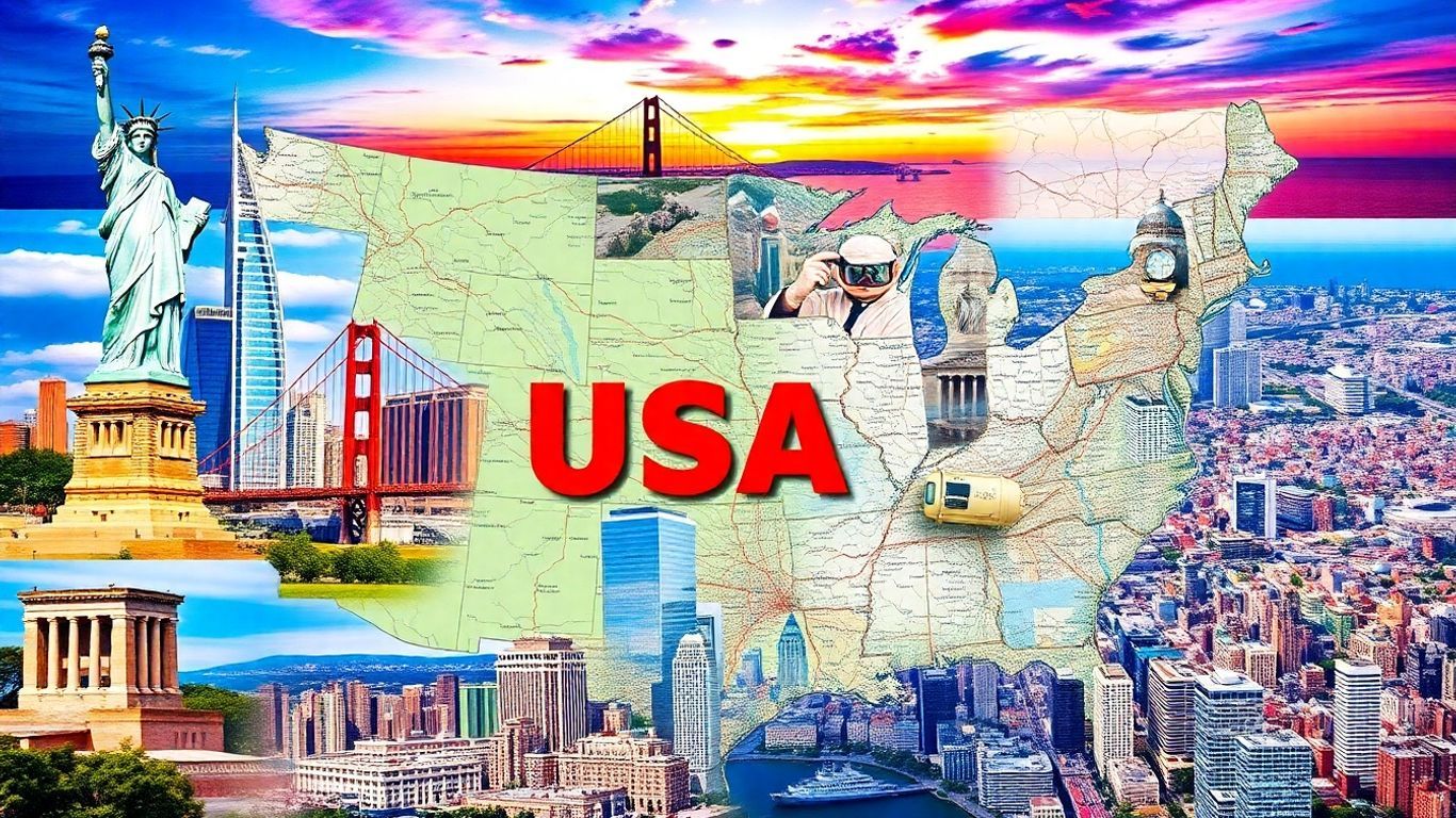 USA maps and cities collage with landmarks.