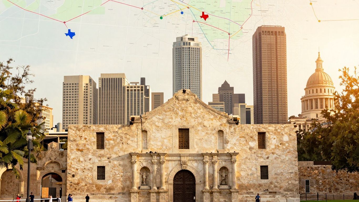 Texas map with major cities and landmarks.