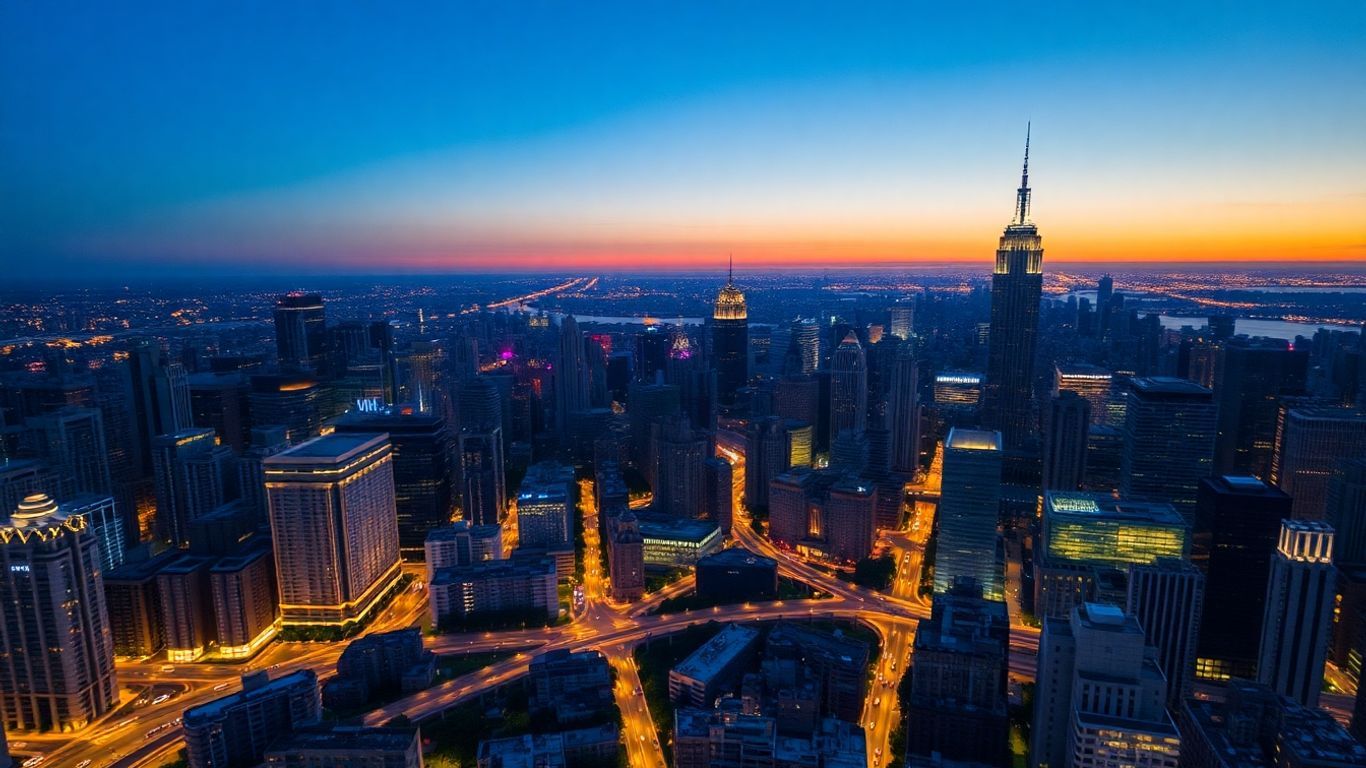 Vibrant cityscape with illuminated skyscrapers and roads.