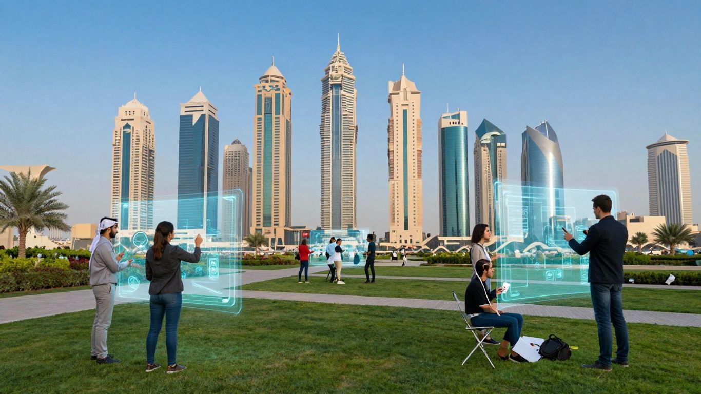 Futuristic cityscape with diverse people and technology.