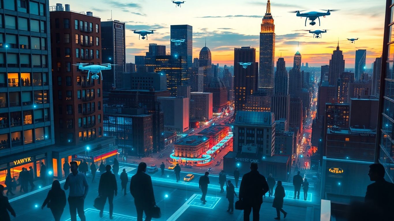 New York City skyline with digital connections and people interacting.