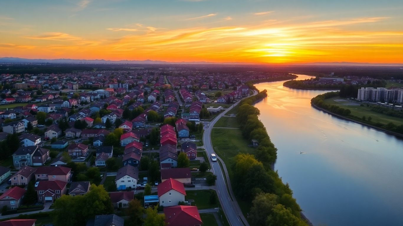 Affordable cityscape with diverse housing and natural scenery.