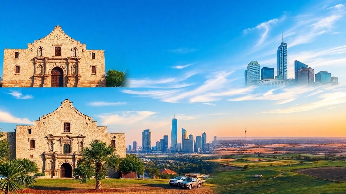 Texas cities map guide with landmarks and landscapes.