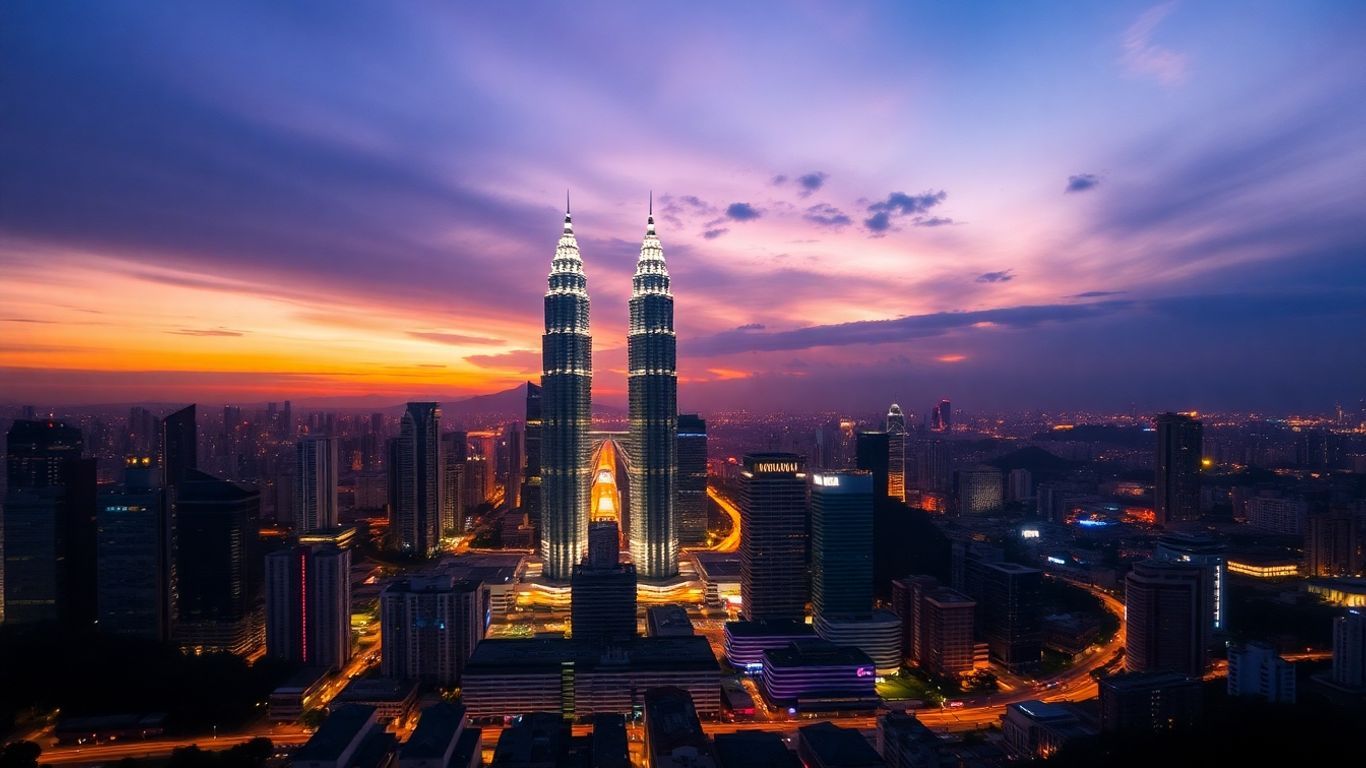 Kuala Lumpur cityscape with Petronas Twin Towers at dusk.