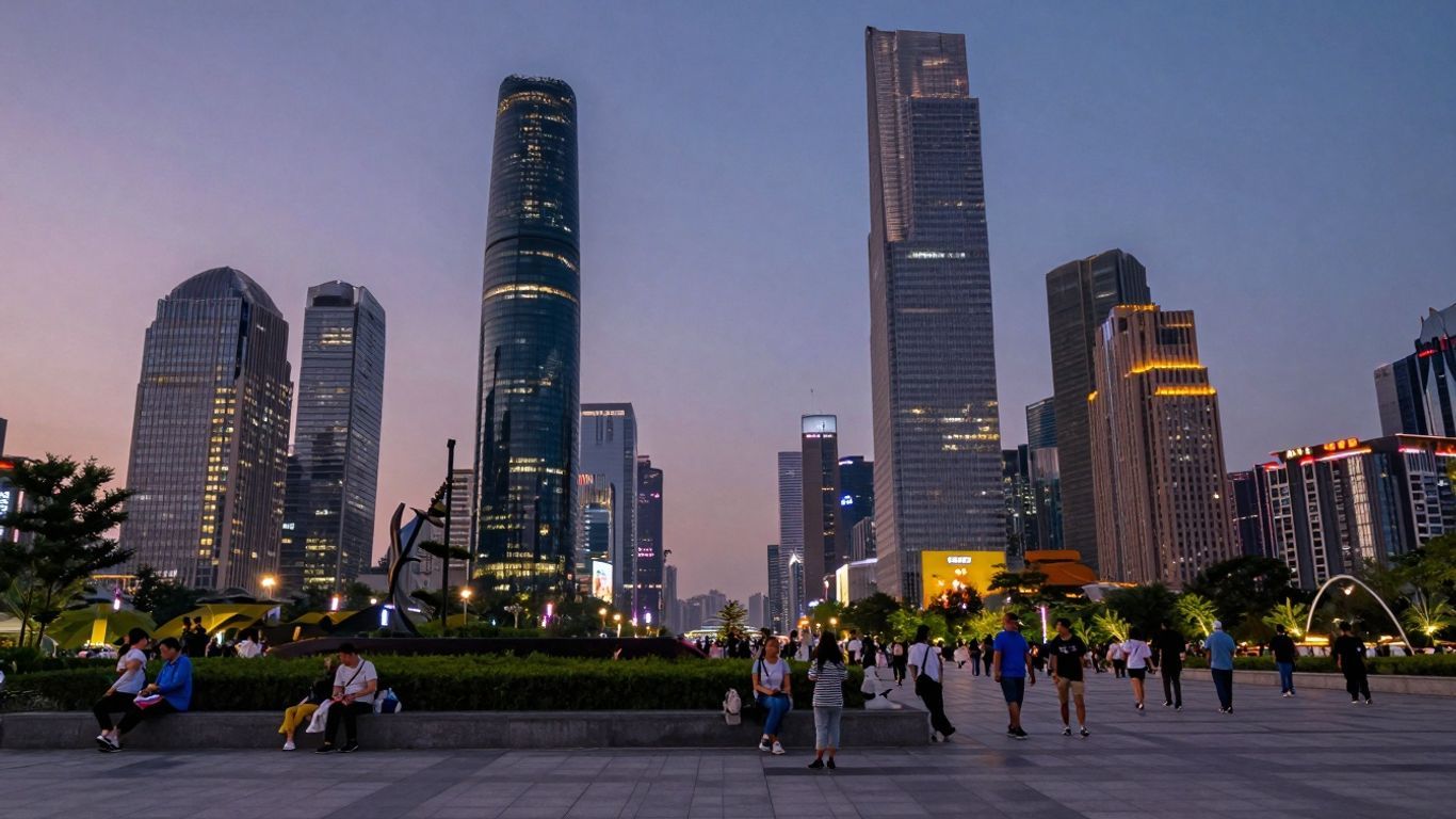 Modern cityscape with public plaza and diverse people.