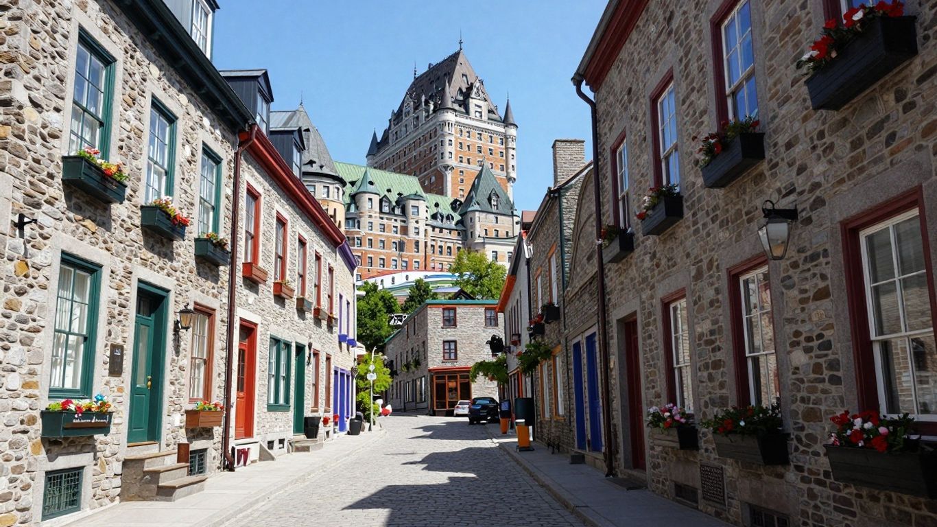 Cobblestone street in Quebec City with historic buildings.