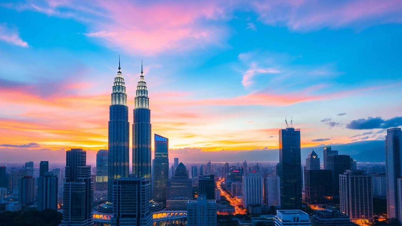 Kuala Lumpur cityscape with Petronas Twin Towers at dusk.