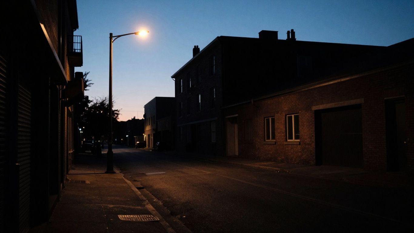 Urban street at dusk with flickering streetlight.