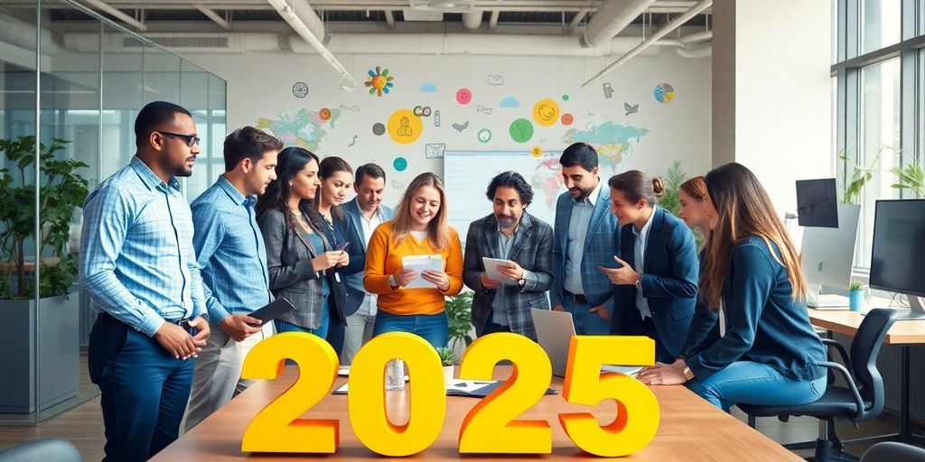 Diverse teams collaborating in a modern office setting.