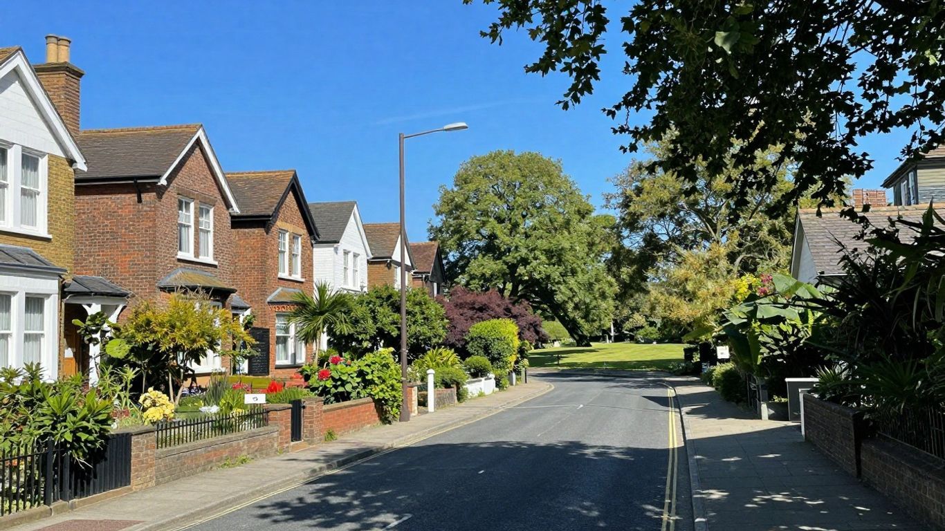 English suburban street with houses and green gardens.