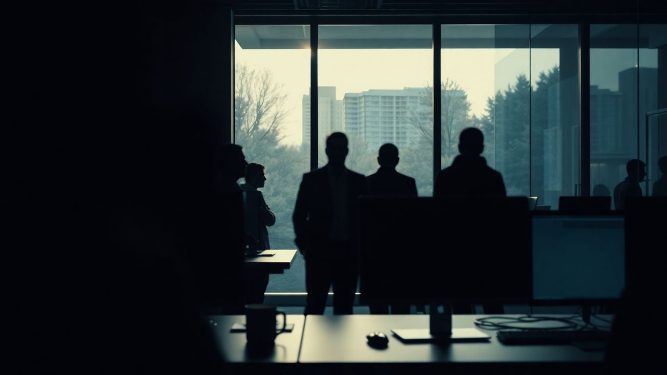 Team exiting dark office into bright new day