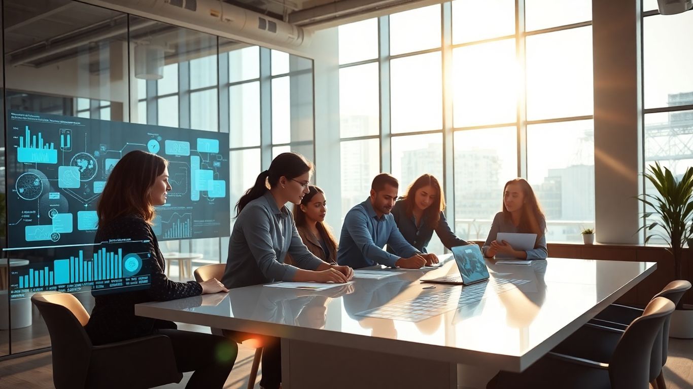 Team collaborating in a modern office with digital interfaces.
