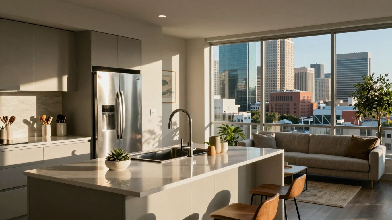 Modern Texas City apartment interior with city skyline view.