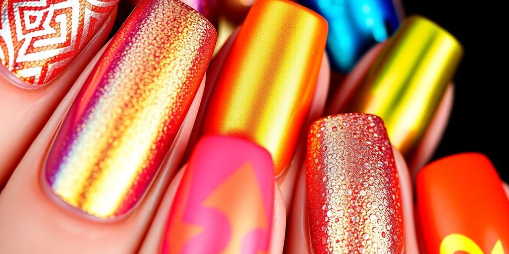 Close-up of metallic and bright nail designs.